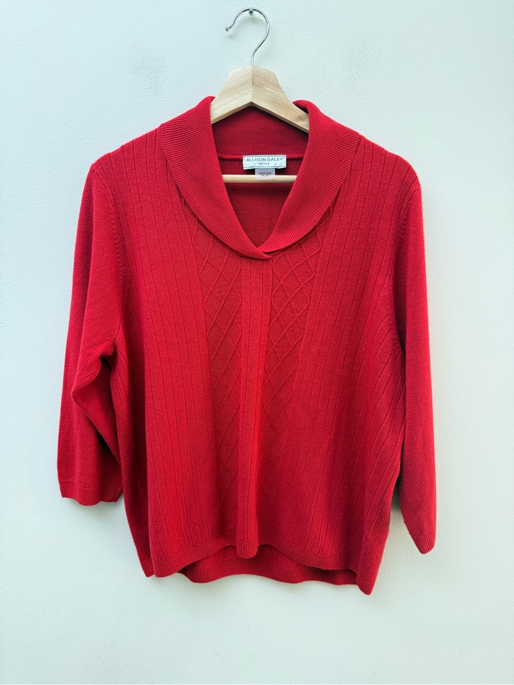 Allison Daley Red Cable-Panel Shawl-Collar Sweater